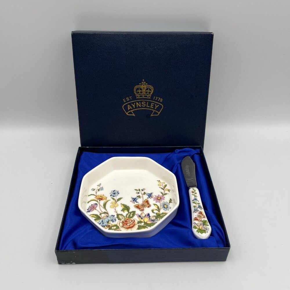 Aynsley Bone China Butter Dish Knife Set Cottage Garden English Floral Butterfly